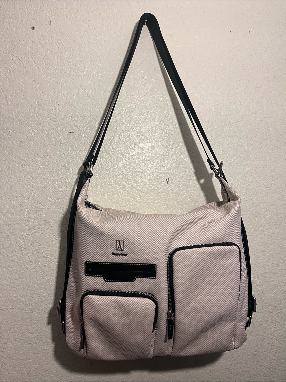 Light Pink Chevron Crossbody Tote with Black Trim